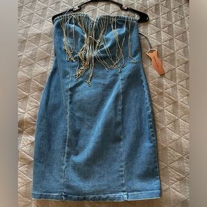 Haute Monde Denim Strapless Dress with Rhine Stone Tassels
